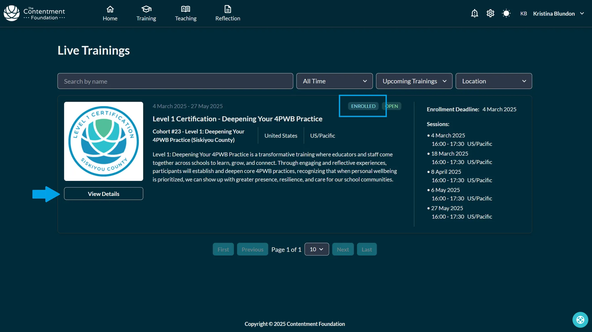 The live training listing with View Details