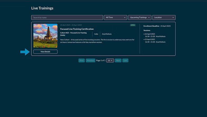 The live training listing with View Details