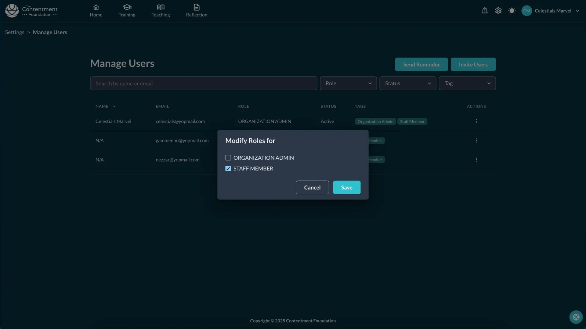 The Modify Roles checkboxes before saving